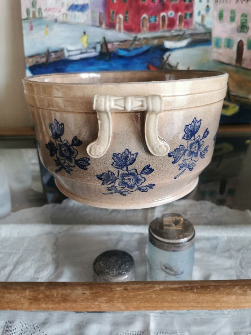 アンティークフランス ハンドル付きディープボウル インディゴ花柄深皿 美しい貫入