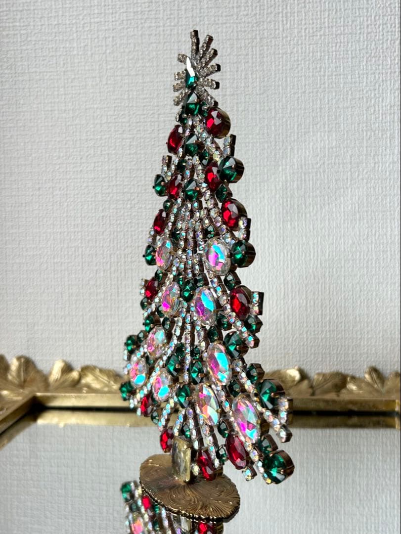 チェコガラス/ガラスツリー/赤/緑/オーロラ/卓上/クリスマス/ラインストーン