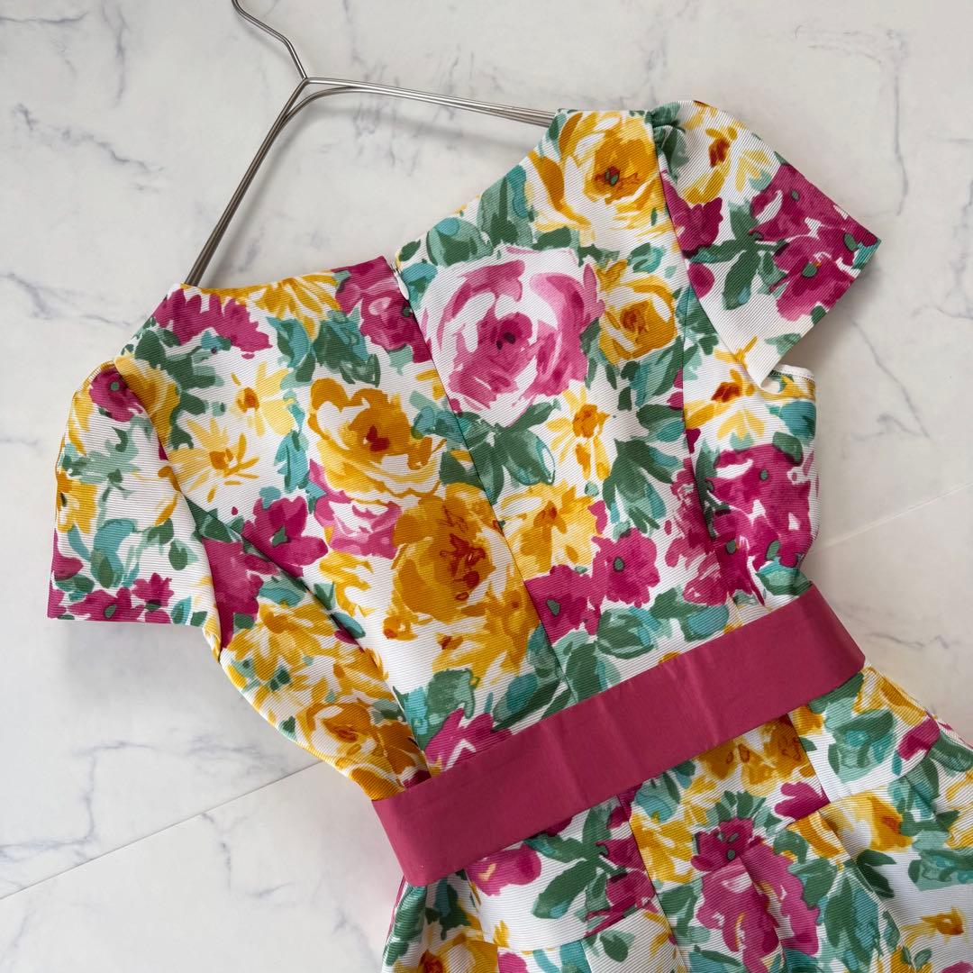 美品 エムズグレイシー 花柄 スカラップ ワンピース リボン パフスリーブ 38