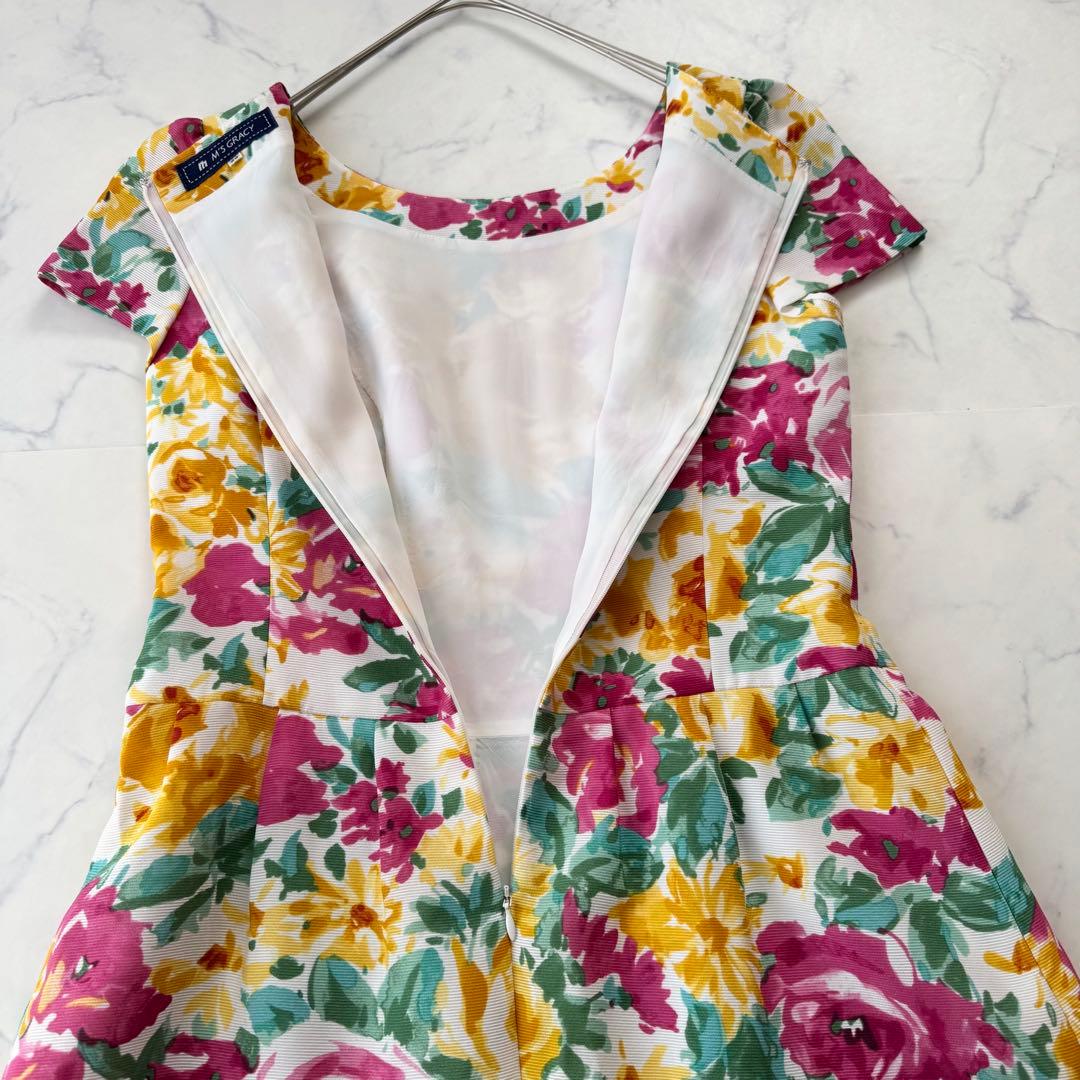 美品 エムズグレイシー 花柄 スカラップ ワンピース リボン パフスリーブ 38