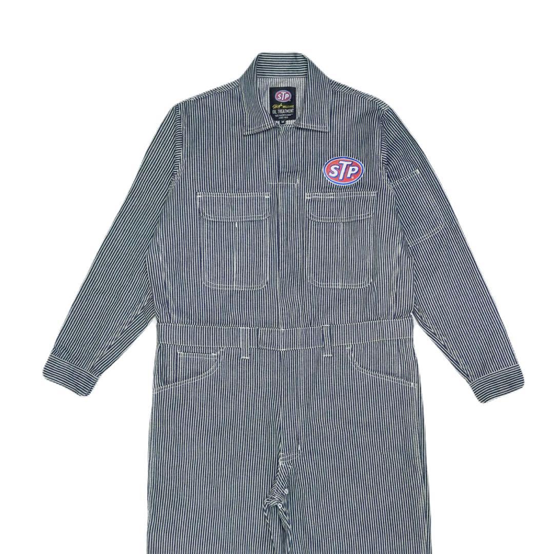 【超美品】STP（エスティーピー）刺繍ロゴ ヒッコリーカバーオール 長袖ツナギ