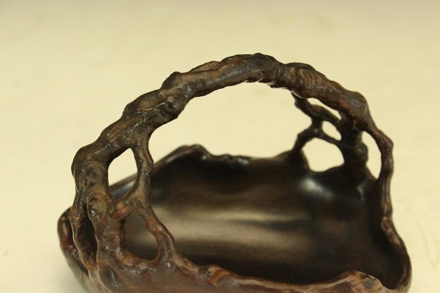 紫檀 刻 手付 皿 文房四宝 卓上飾 高7.8cm(HA490)