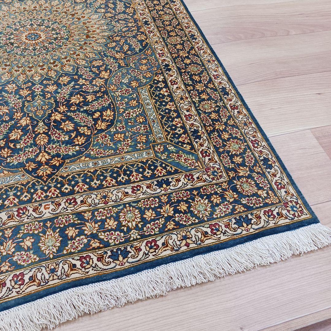 専用Y3144 高級ペルシャ絨毯 クム産 工房サイン シルク100% 手織り