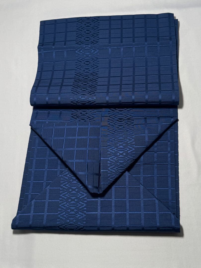 [美品] 本場筑前博多織　名古屋帯　正絹　市松　献上　博多帯　紺　青　小紋　紬