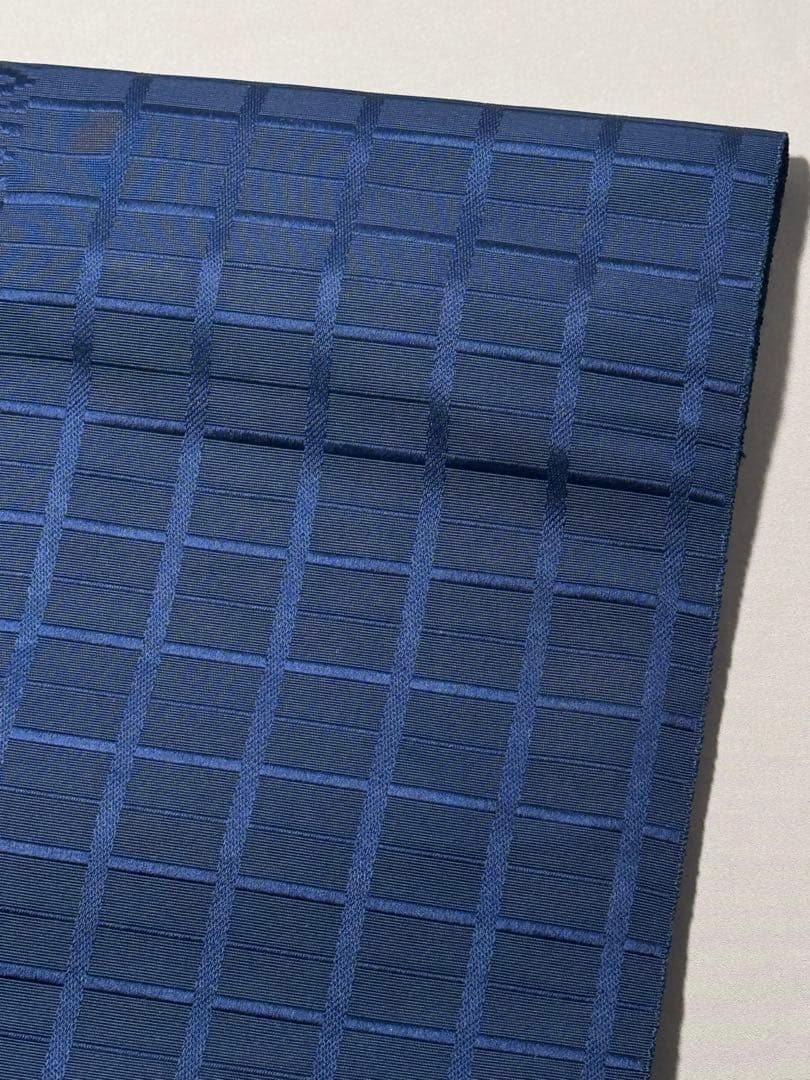 [美品] 本場筑前博多織　名古屋帯　正絹　市松　献上　博多帯　紺　青　小紋　紬