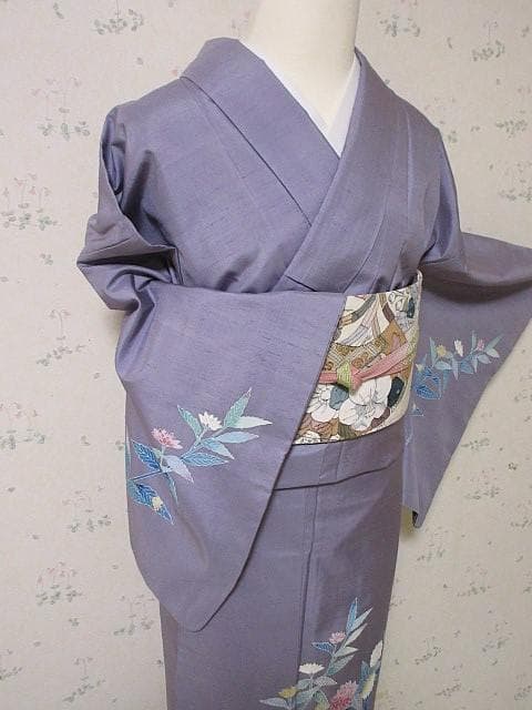 訪問着：本加賀友禅「西尾翠峰」花柄：藤色の白山紬：美品-袷正絹：P38