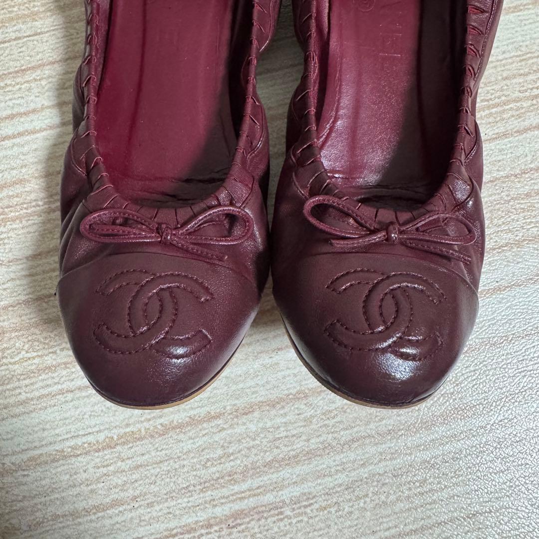 CHANEL バーガンディ バレエシューズ ココマーク フラット38.5