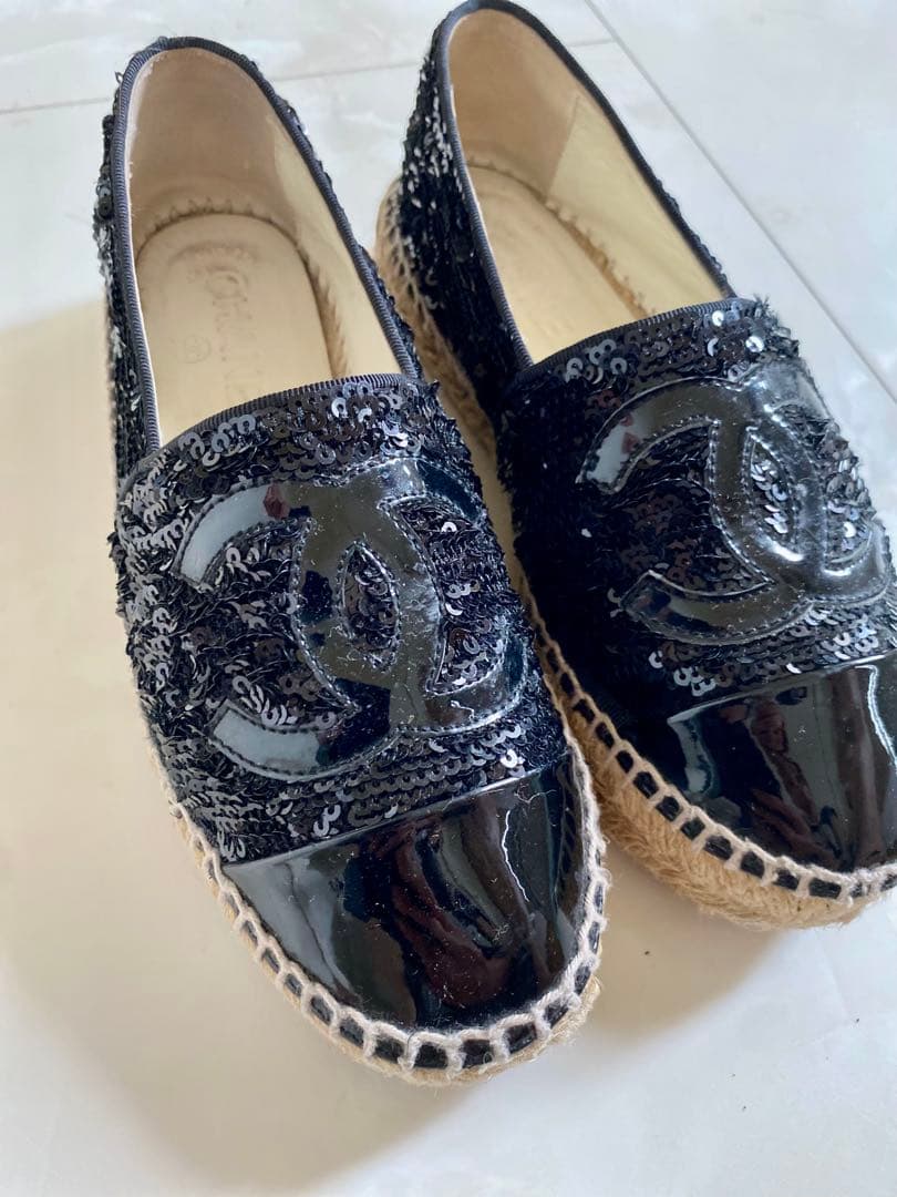 美品 CHANEL エスパドリーユ スリッポン スニーカー 黒 35 シャネル