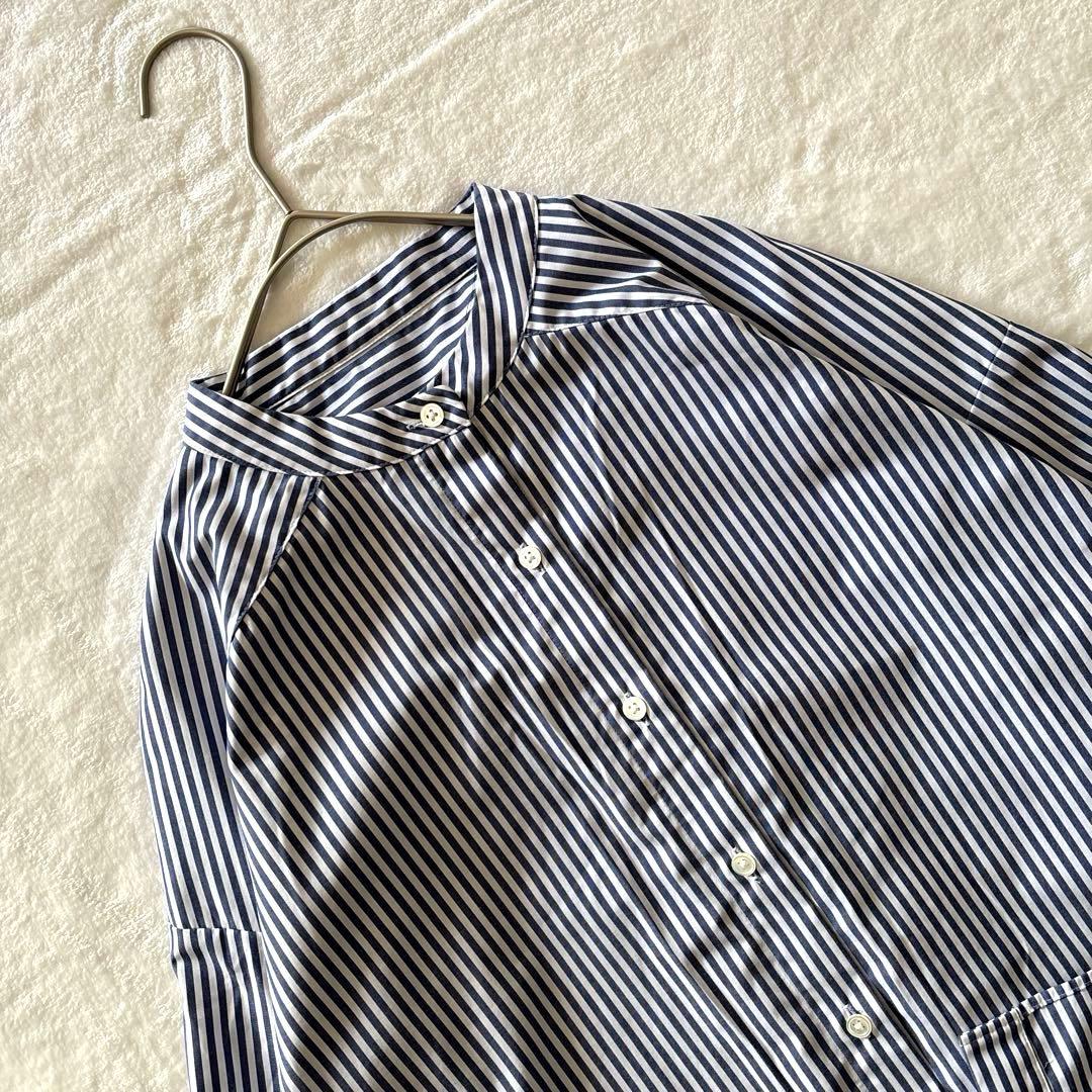 ソージュ ストライプ バンドカラー ロングシャツ ブルー ホワイト ゆったり