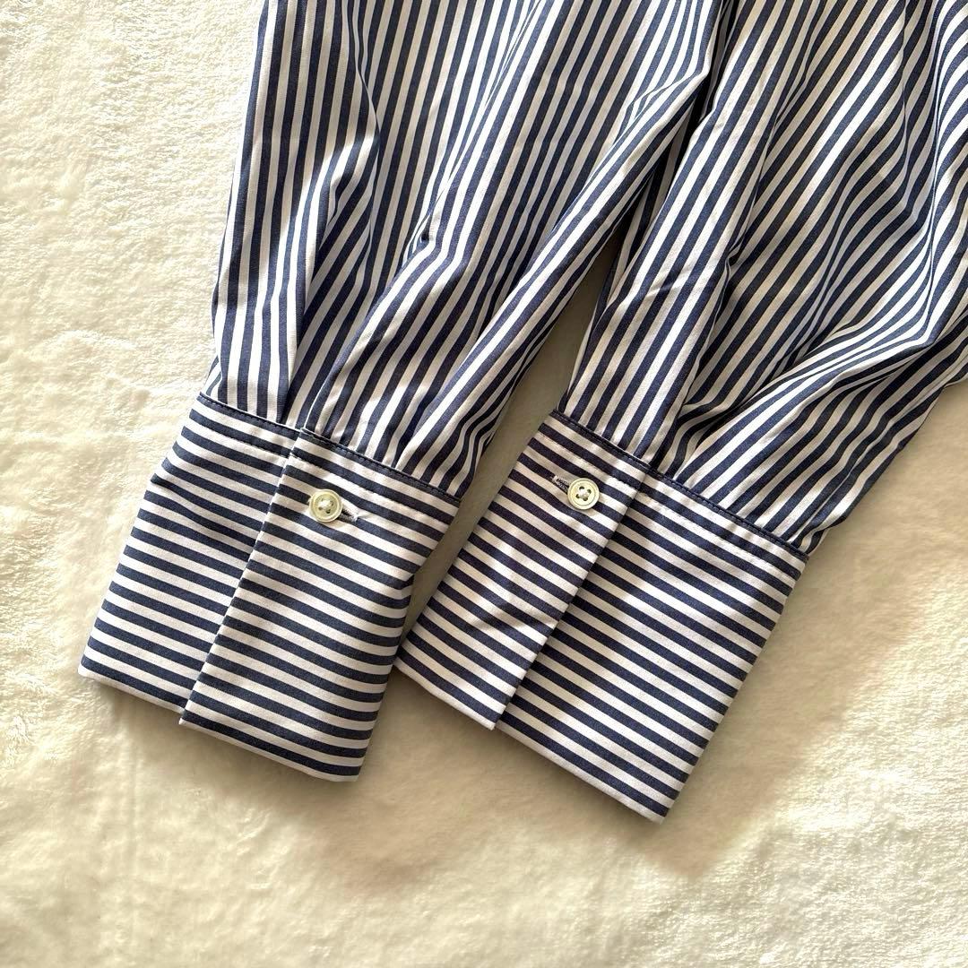 ソージュ ストライプ バンドカラー ロングシャツ ブルー ホワイト ゆったり