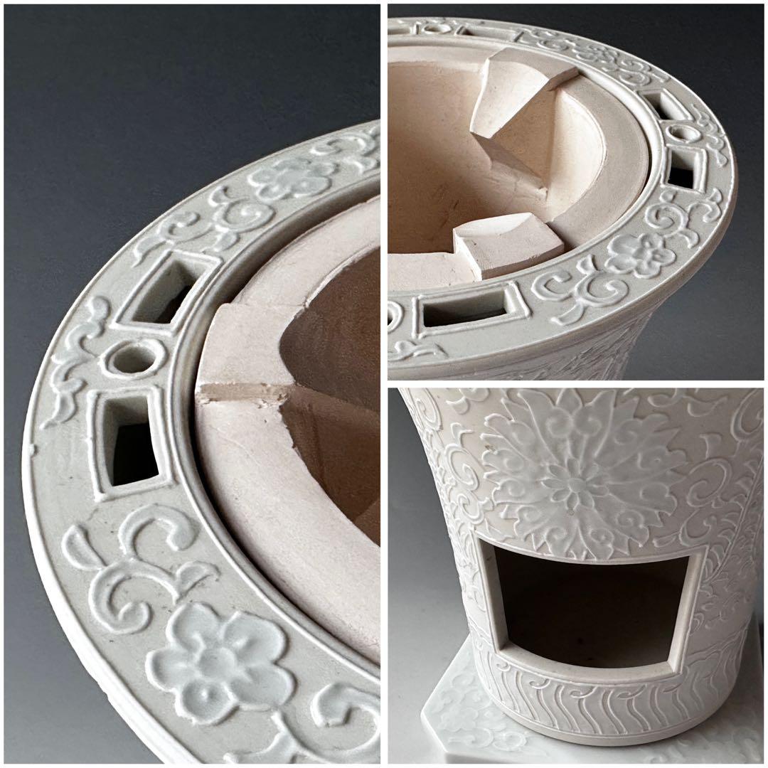 煎茶道具　白磁　唐華文　涼炉　台付　平安　春峰　共箱　煎茶　茶道具　京焼　陶芸