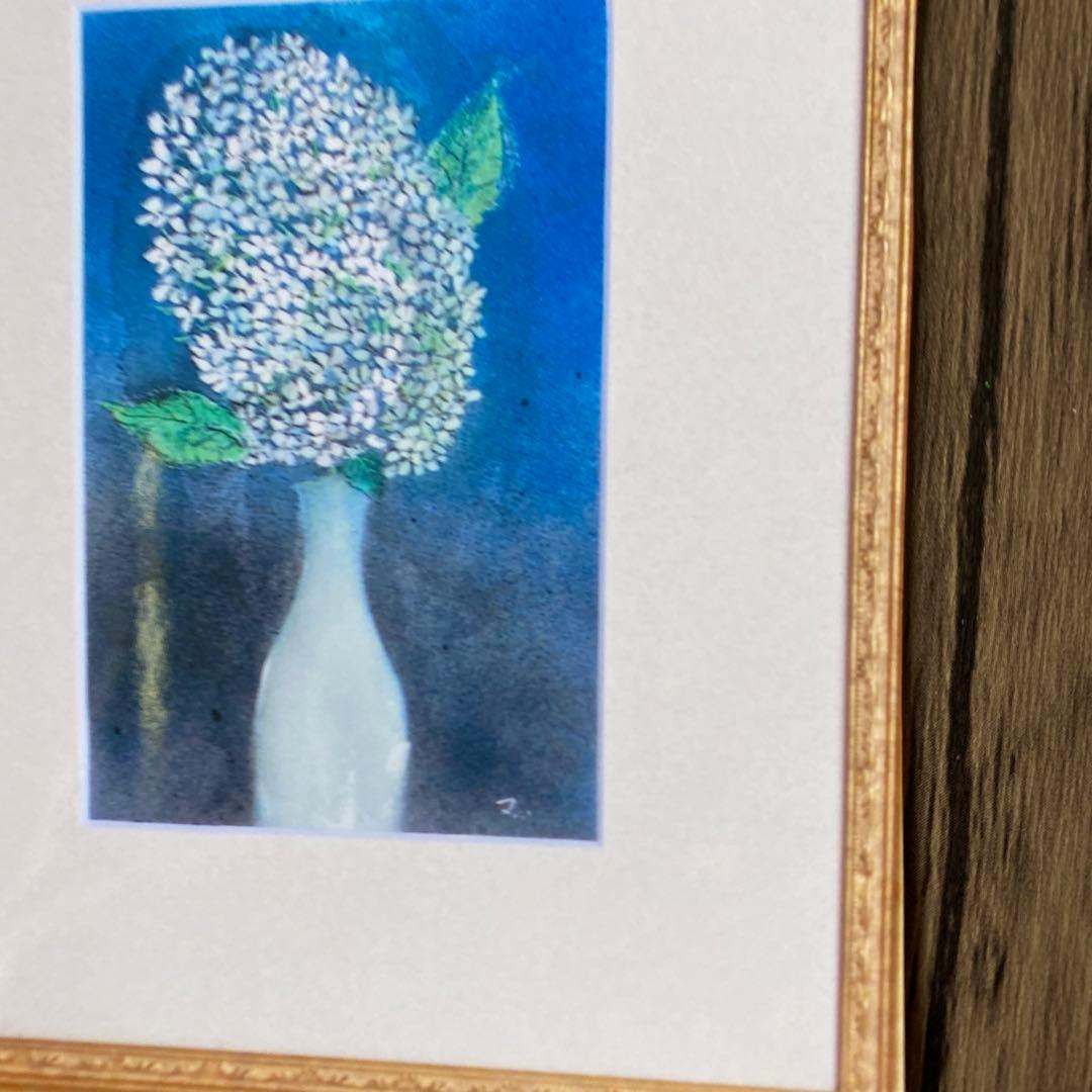 絵画　水彩画　P3号「アジサイ」菊地正則　額付き　美品　サイン入り　静物画　原画