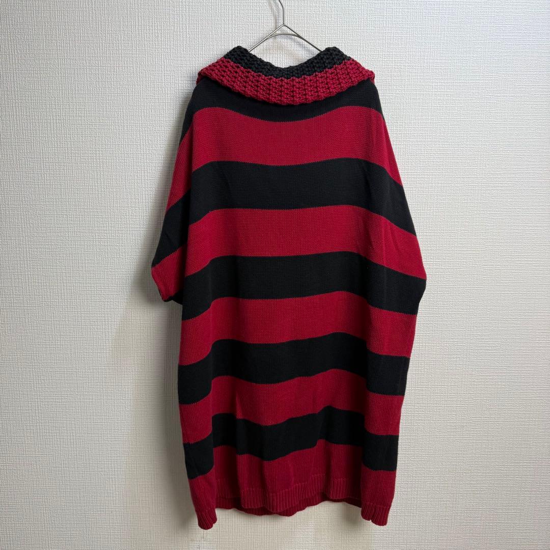 735 glamb 赤黒ワイドボーダー クロシェ編みカウル襟コットンチュニック