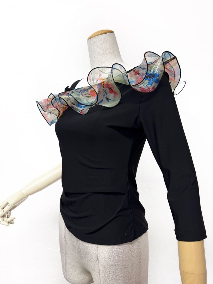 【新品】ピンク花柄プリントオーガンジーフリルスカート社交ダンスツーピースb857