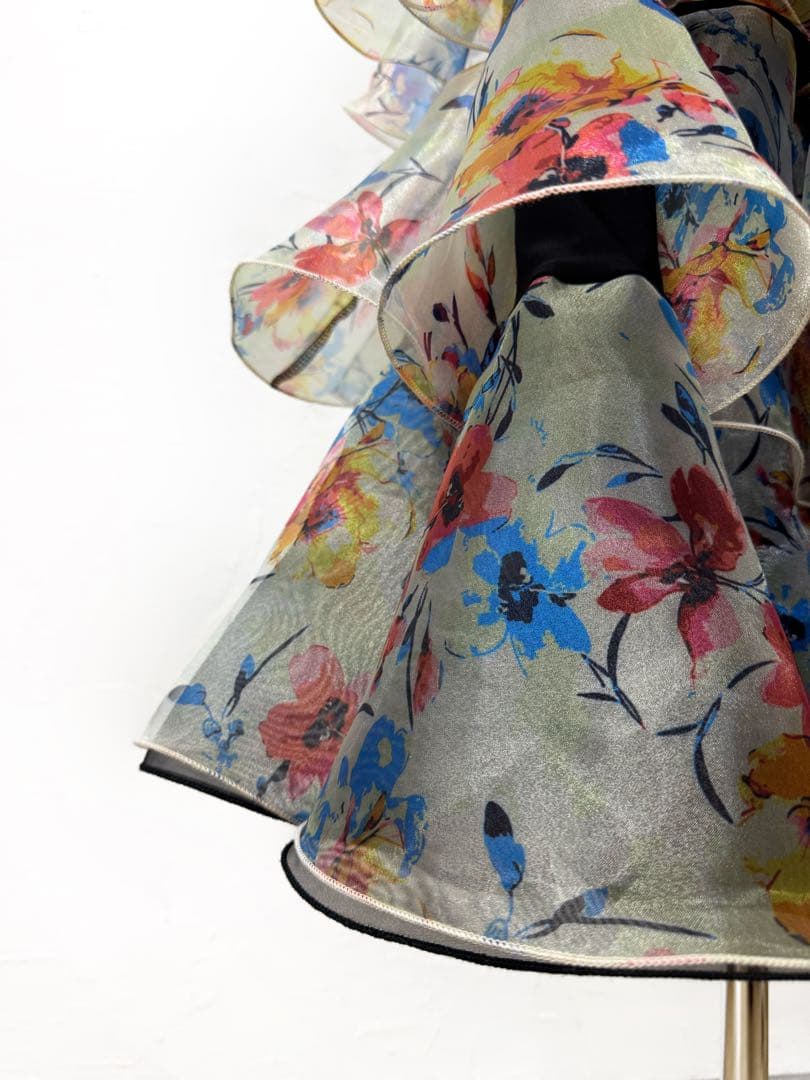 【新品】ピンク花柄プリントオーガンジーフリルスカート社交ダンスツーピースb857