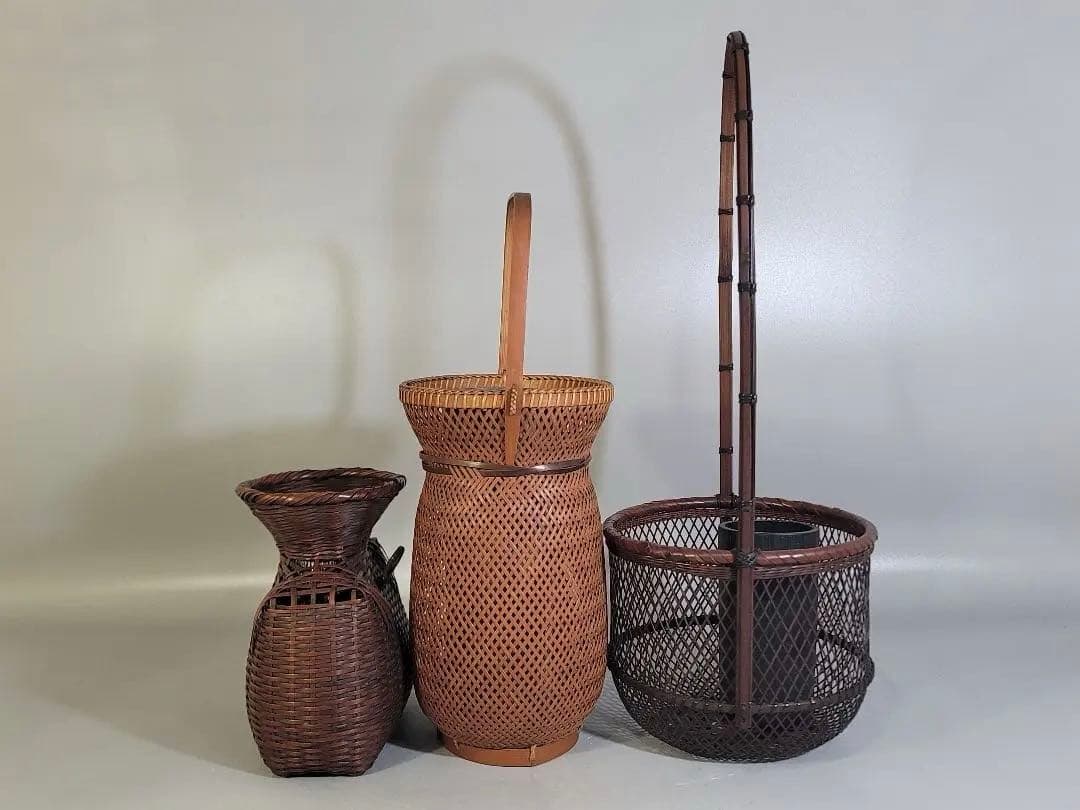 DT532 竹籠 花生 三件 在銘 作家物