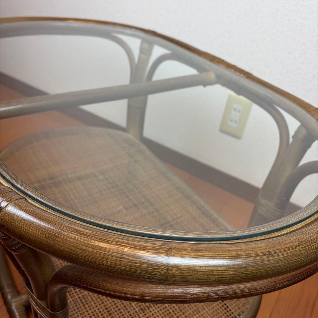 送料無料 ラタン製ガラス天板サイドテーブル アンティーク ヴィンテージ 天然木