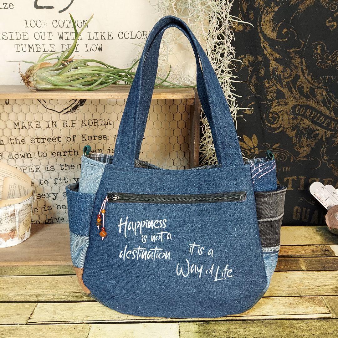 刺繍デニムバック　No.659　デニムリメイク　刺繍バック　サイドポケット