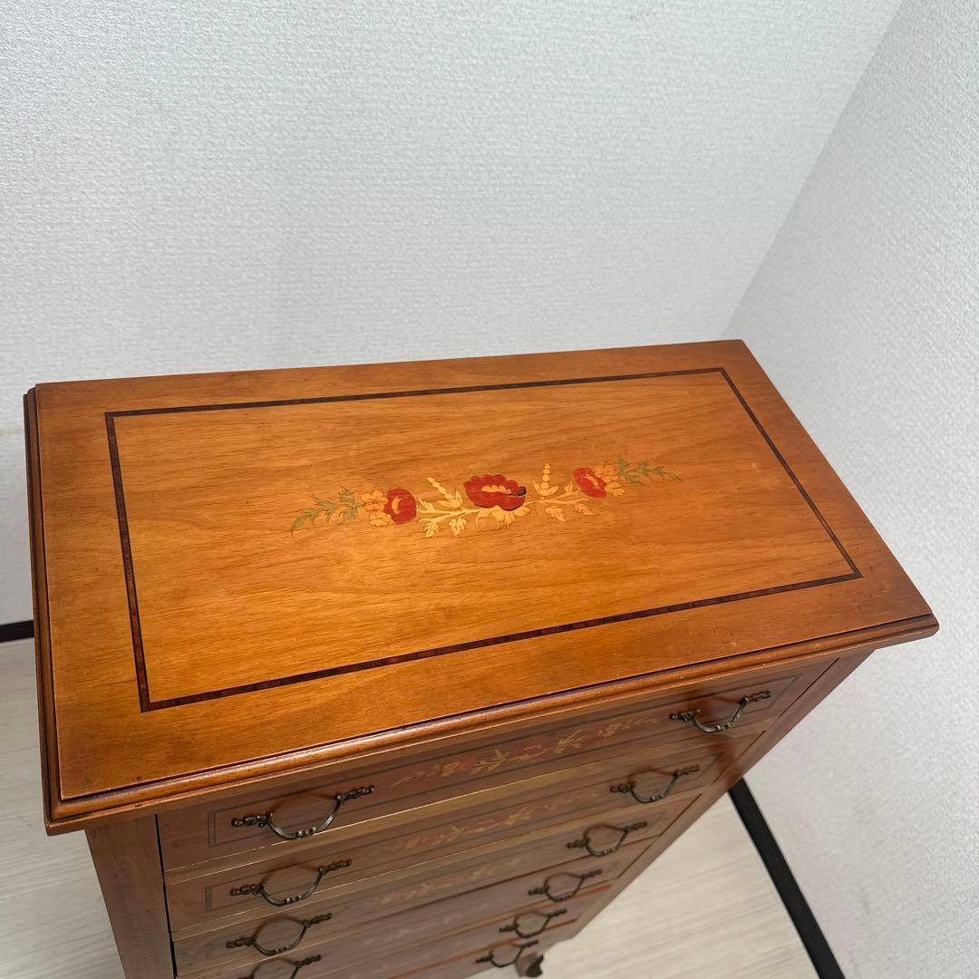 イタリア製 チェスト 6段6杯 象嵌 真鍮細工 金属取手 猫脚 i4※