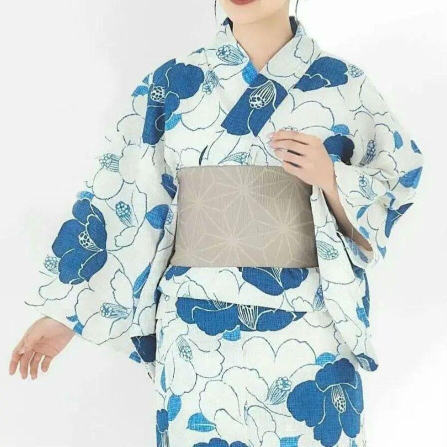 おまかせ半幅帯、おすすめ下駄、帯どめセット◆◆最高級【綿麻浴衣】碧青椿の上品