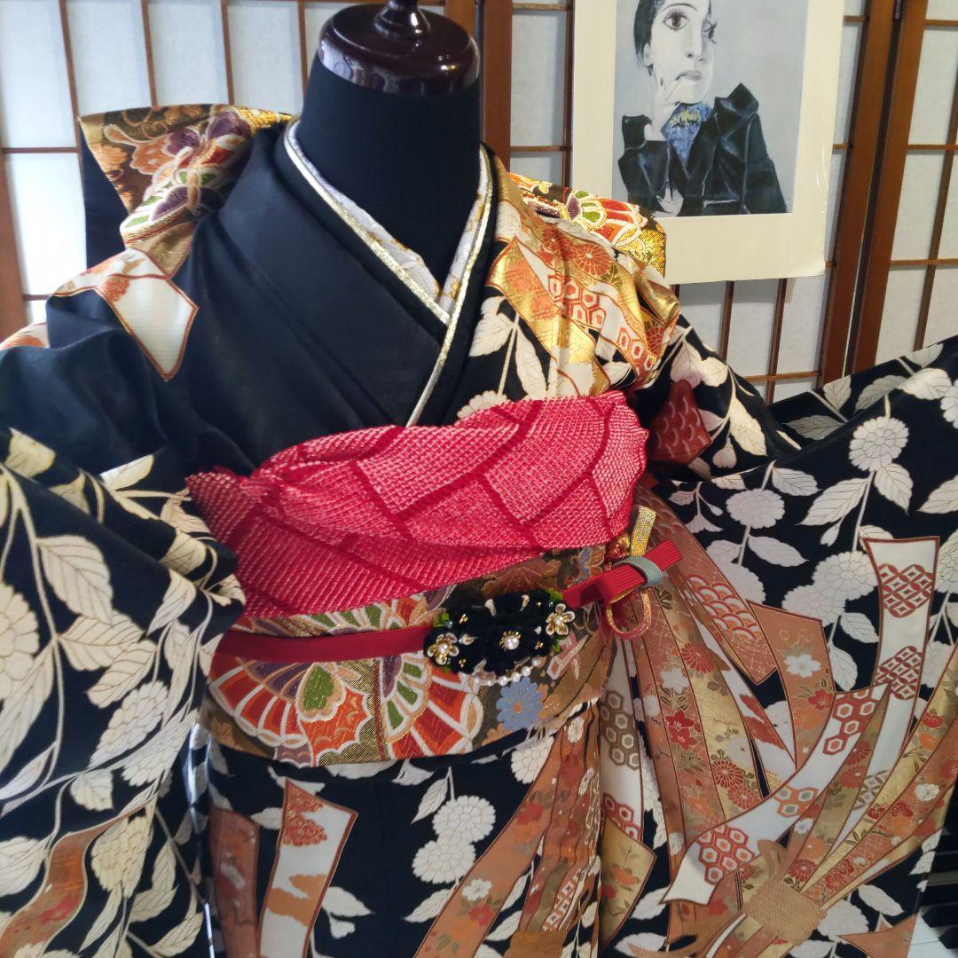 409黒しつけ付　束熨斗　落款　　正絹8点振袖フルセット成人卒業結婚式