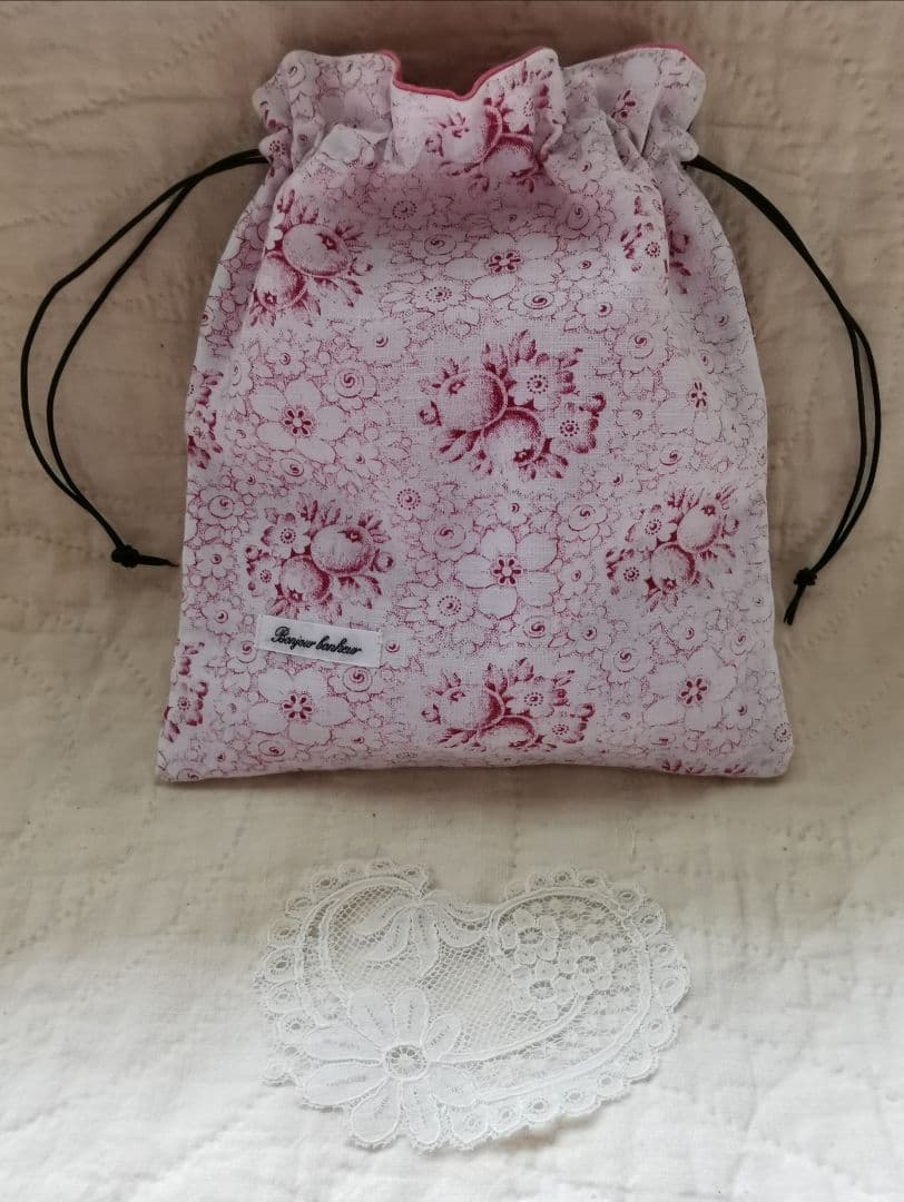 ハンドメイド✃アンティークドイツ果実薔薇柄 ホームスパンリネン格子巾着 レース付