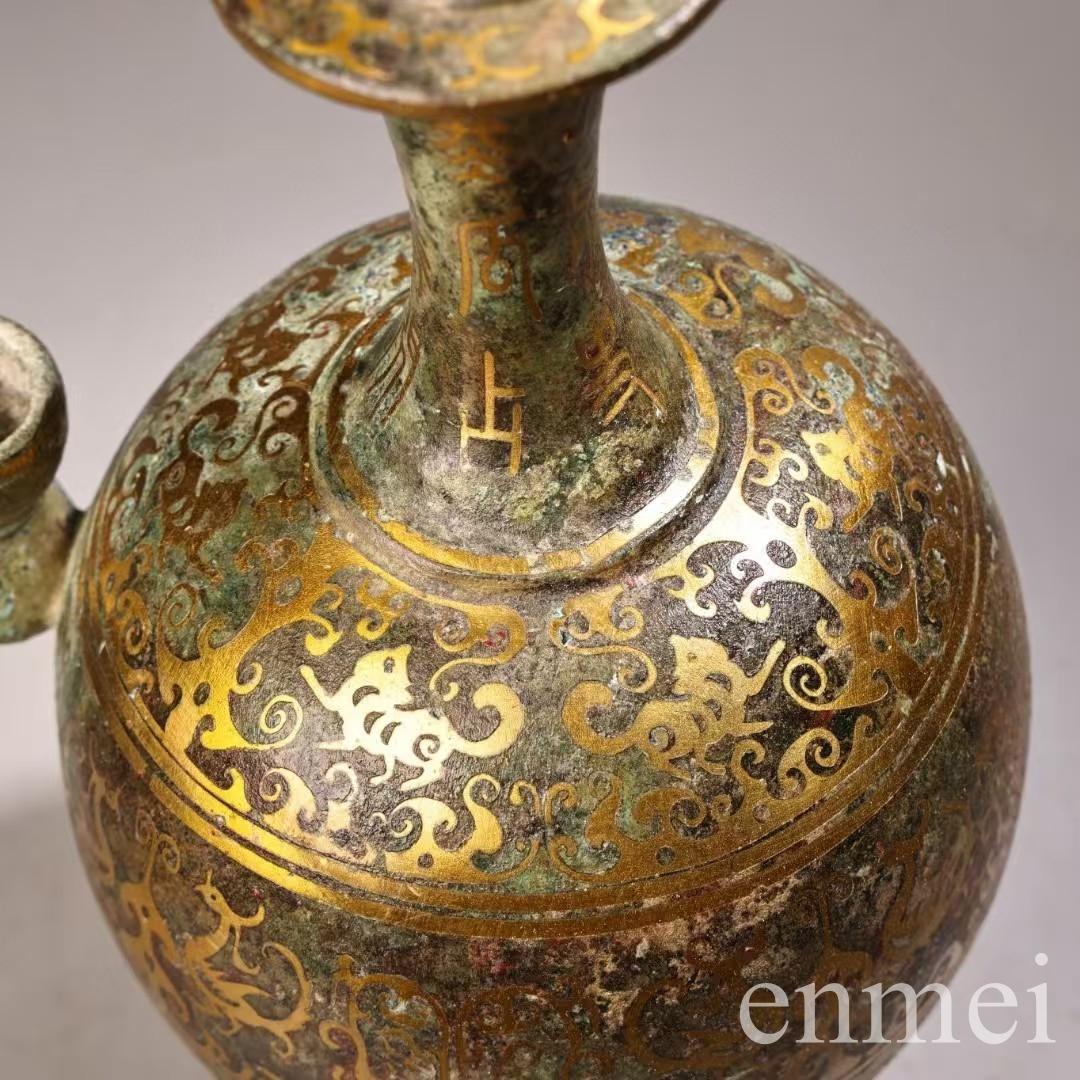 中国古美術・旧蔵搓金装飾と銘文入りの青銅製酒壺と油灯・青銅・純手作り・置物・酒壺