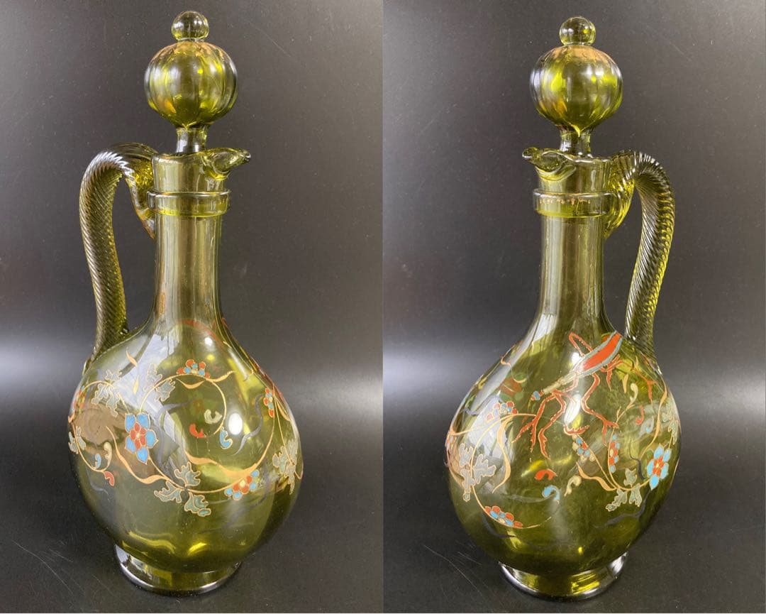 エミール・ガレ　蟷螂と草花絵図　エナメル彩水差し　カラフェ　デカンタ　デキャンタ