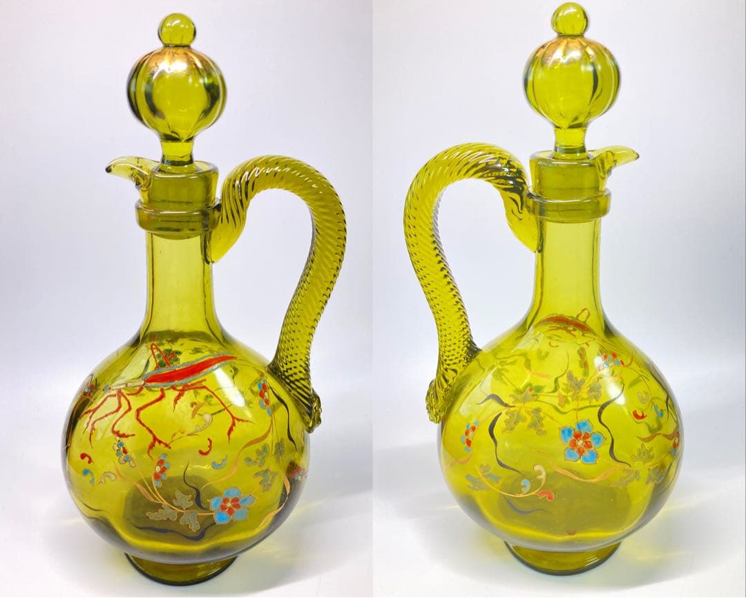 エミール・ガレ　蟷螂と草花絵図　エナメル彩水差し　カラフェ　デカンタ　デキャンタ