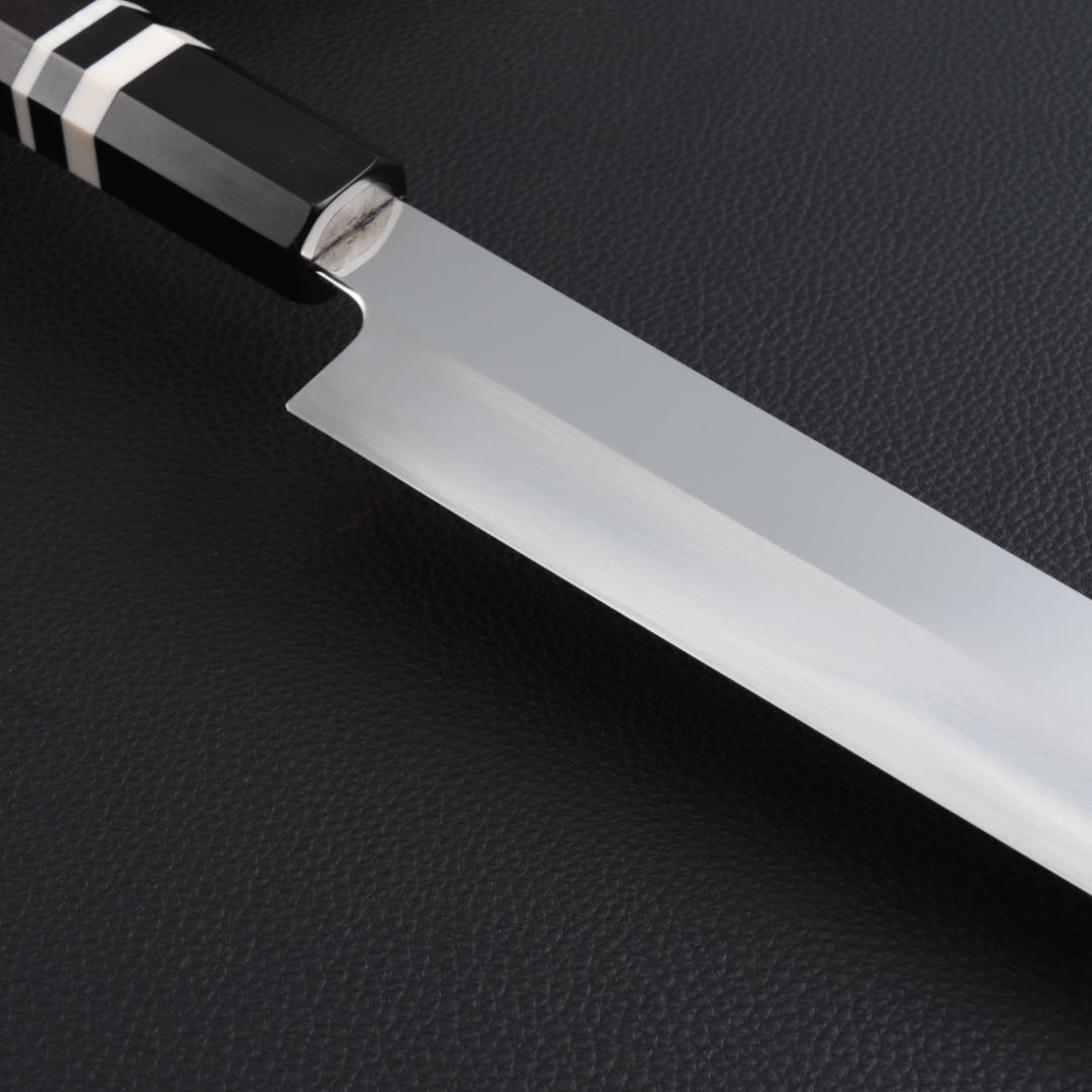 8611 世界一薄い 鏡面仕上げ 極薄柳刃包丁 尺 黒檀黒水牛角白三本巻八角柄