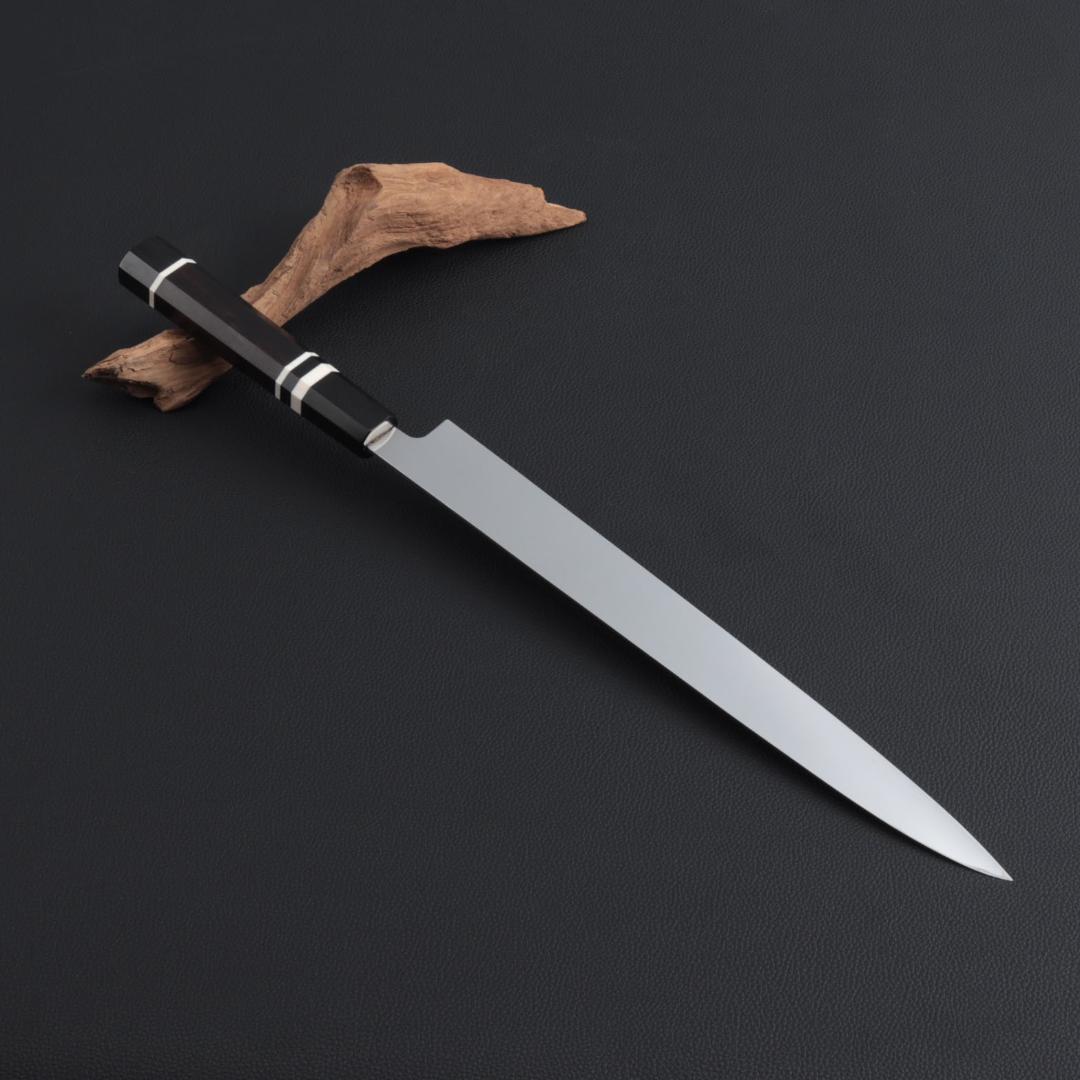 8611 世界一薄い 鏡面仕上げ 極薄柳刃包丁 尺 黒檀黒水牛角白三本巻八角柄