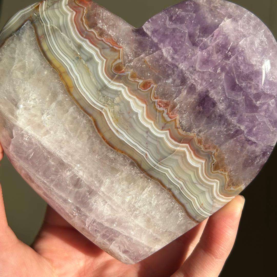 《美品》　アメジスト　アゲート　共生　ハート　台座付き