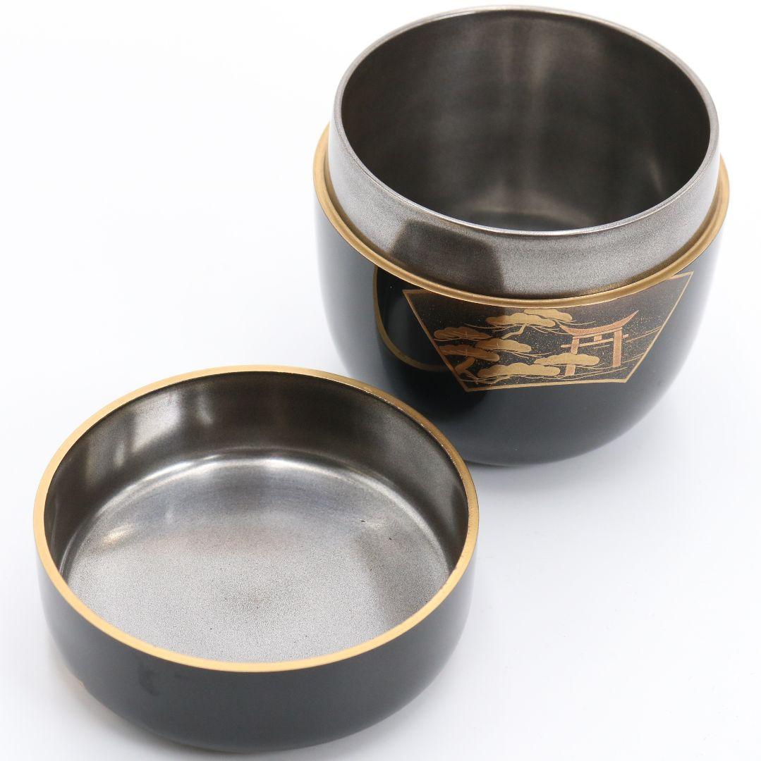 竹内幸斎作 扇面三景蒔絵 中棗 内銀溜塗 茶道具 共箱　AE631　NT9