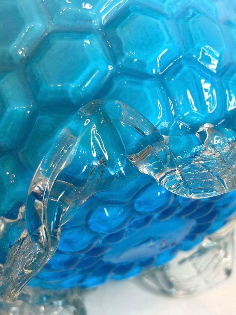 昔ガラス　アンティーク　花縁　フリル　亀甲紋様　ガラス　コンポート　ブルー