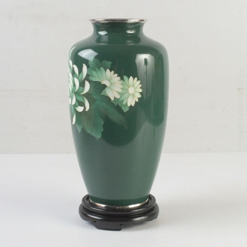 七宝焼　相互七宝謹製　緑釉　花文　花瓶　唐木台付　共箱　V　9837A