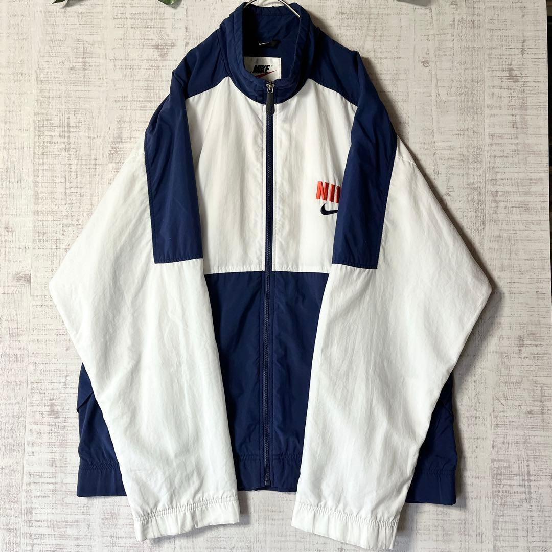 90s NIKE ナイキ ナイロンジャケット 銀タグ ビッグロゴ 紺白 刺繍 M