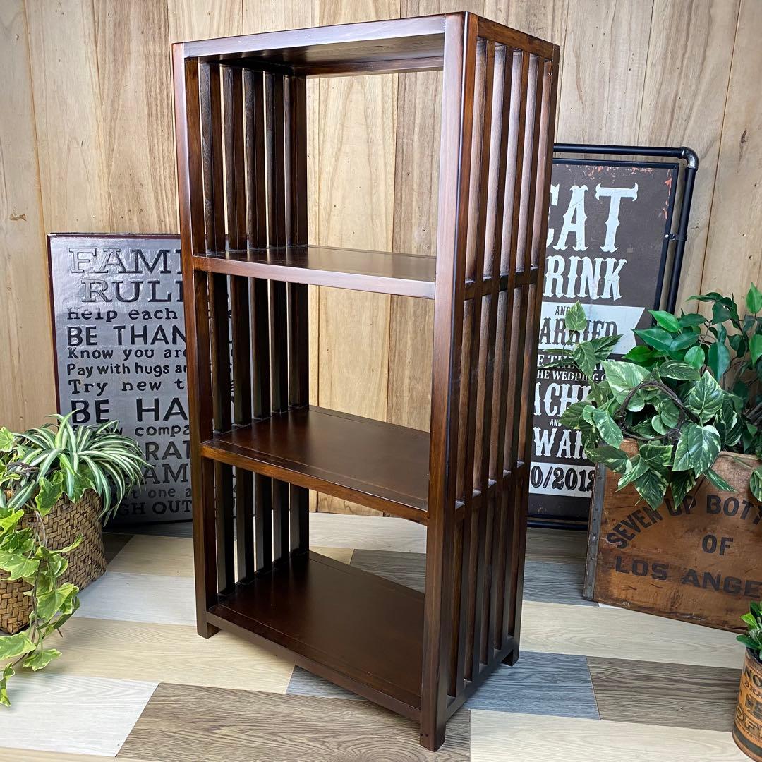 アジアンエスニック木製天然無垢材格子ラックシェルフ三段木製飾り棚和室和風