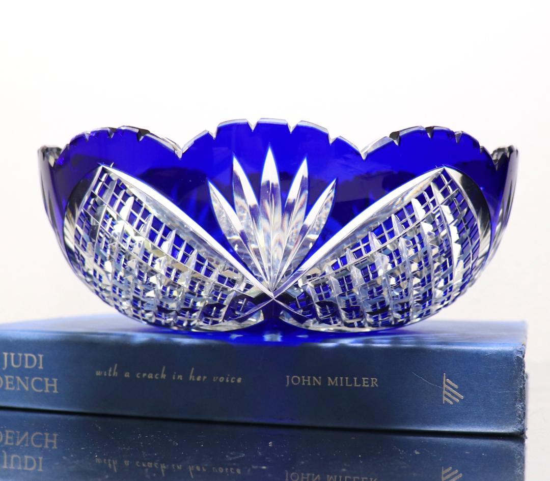 オールド・バカラ 1890年美術館級 大型青色被せ装飾 丸型切子鉢 茶懐石道具