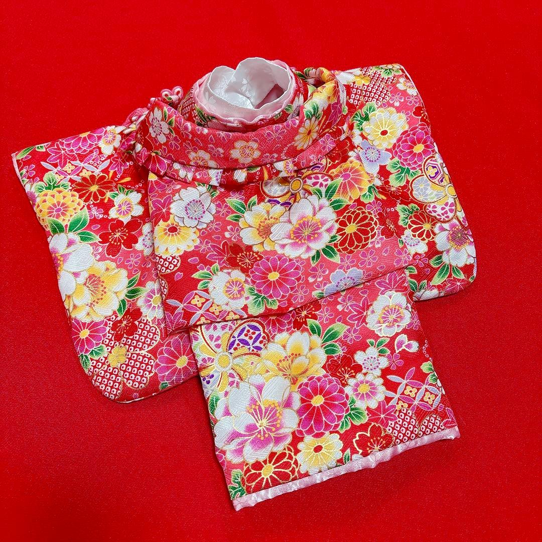 即納✨犬の着物&お被布セット 振袖 M 赤地 化繊金彩入り 七五三 犬服