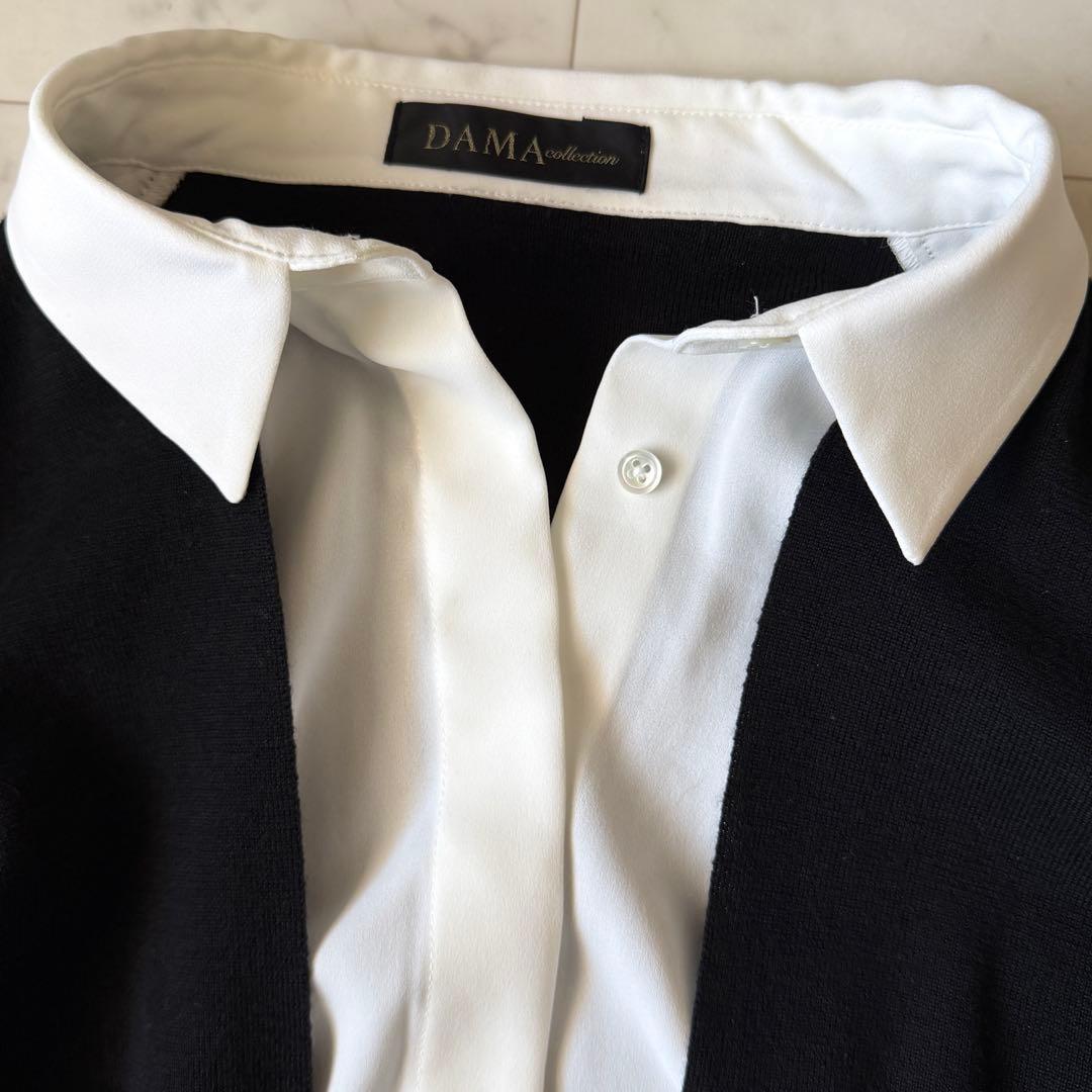 極美品 ダーマコレクション ニットカーディガンドッキングブラウス 黒×白 LL