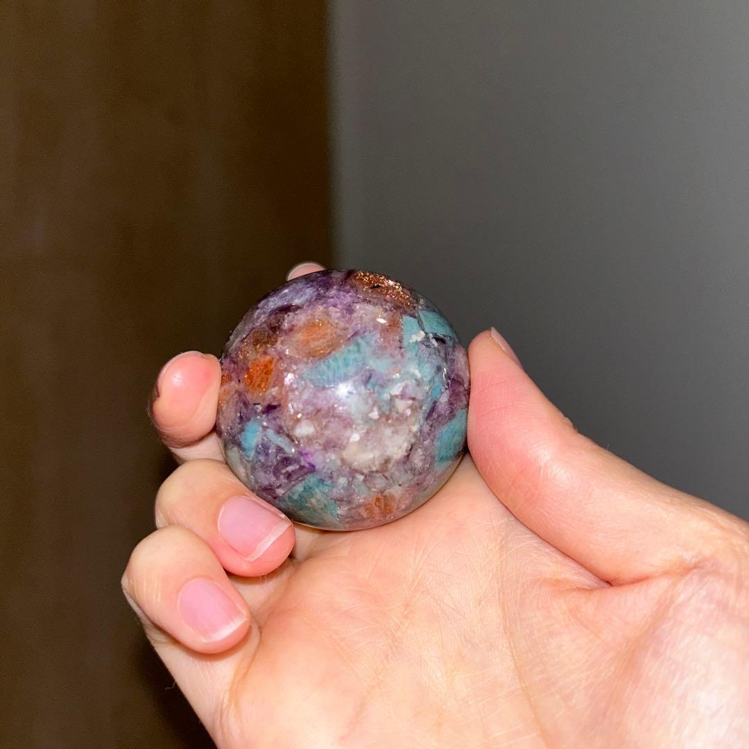 ①アマゾナイト サンストーン レピドライト 共生 スフィア レア 45.9ミリ