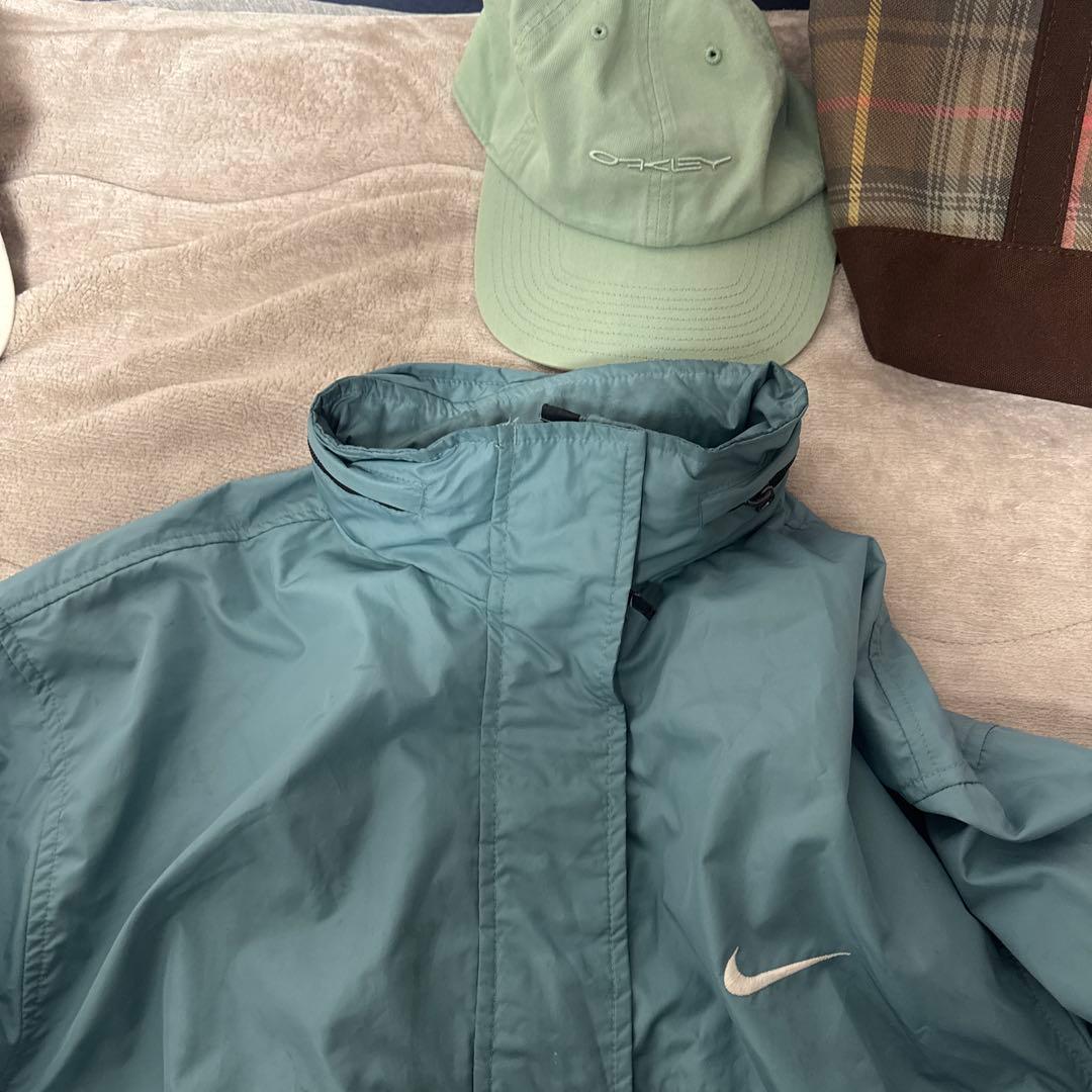 90s Nike ナイロンジャケット 青緑 フード付き