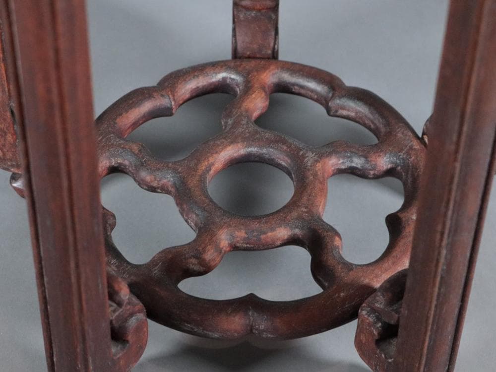 【木】　★ 家具 黄花梨減地彫如意雲圓幾 ★　清朝期　天然木 彫刻文様　明清家具