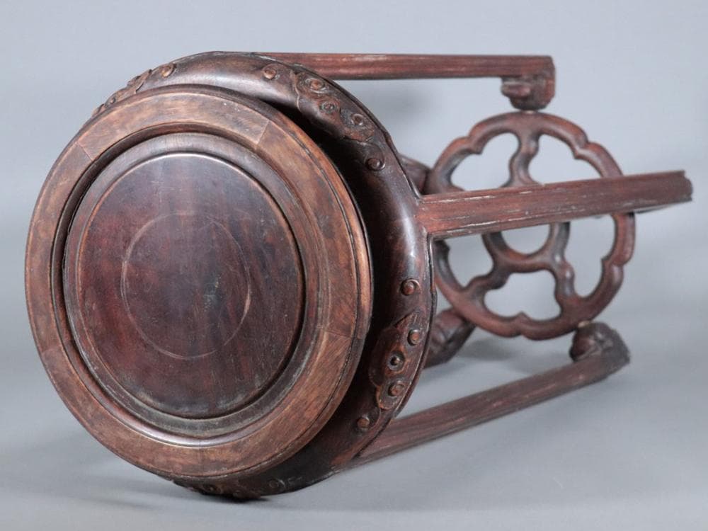 【木】　★ 家具 黄花梨減地彫如意雲圓幾 ★　清朝期　天然木 彫刻文様　明清家具