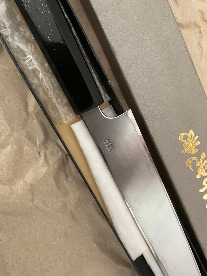 堺一文字光秀　煌 V金10号 鏡面　漆塗り錫ちらし柄 柳刃包丁240mm　サヤ付