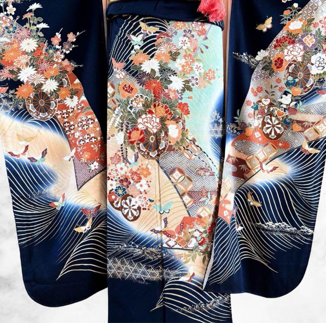 美品 振袖 フルセット 身丈155 正絹 刺繍衿 ネイビー 紺