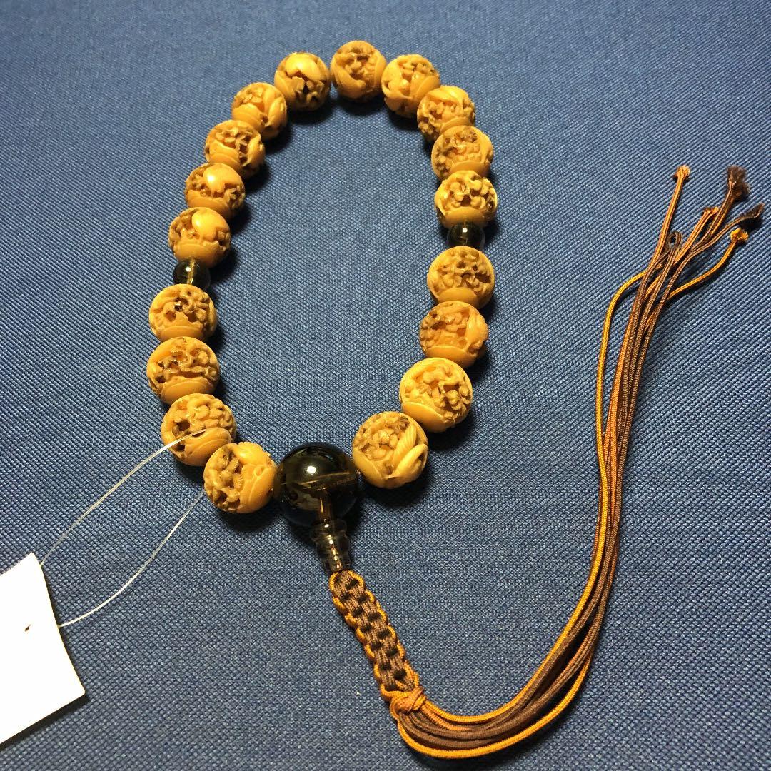 菩提根　彫玉　茶水晶　念珠