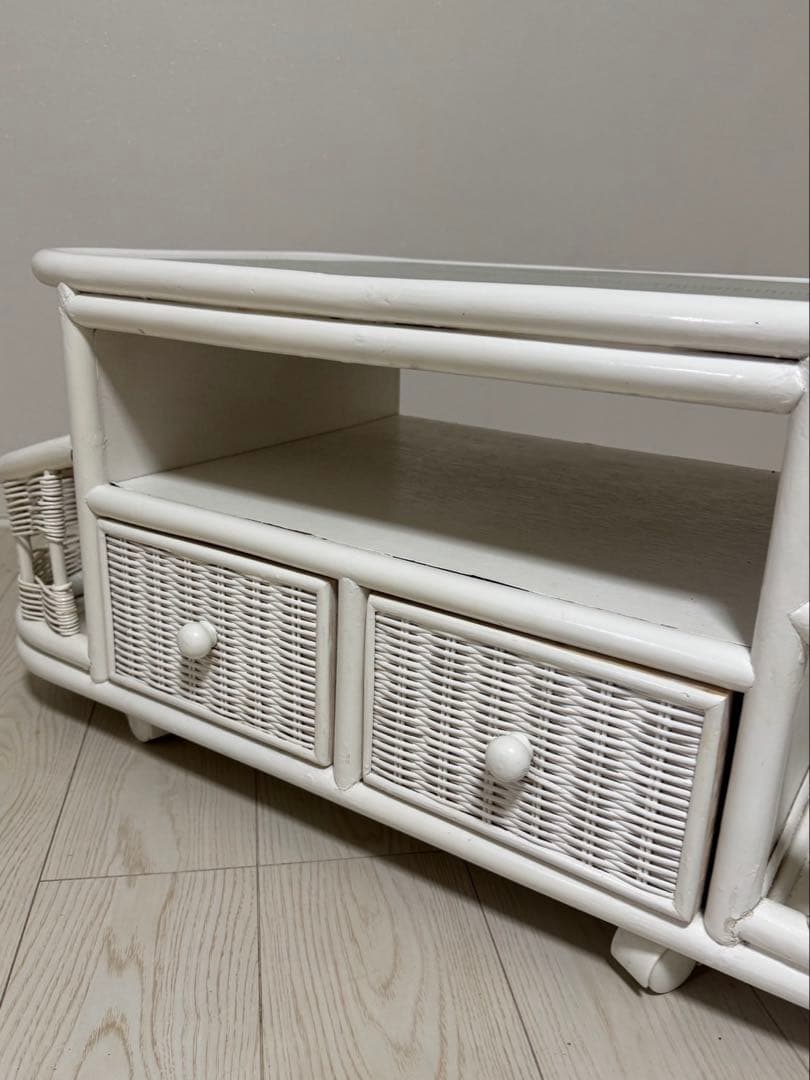 ホワイトラタンアンティークガラスローセンターテーブル