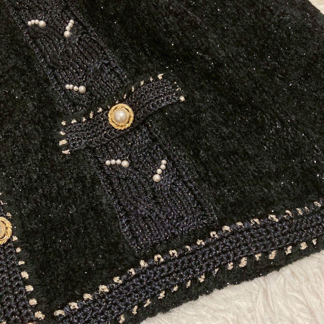 《良品》Leilian パール付きニットカーディガン ブラック 9号 フォーマル