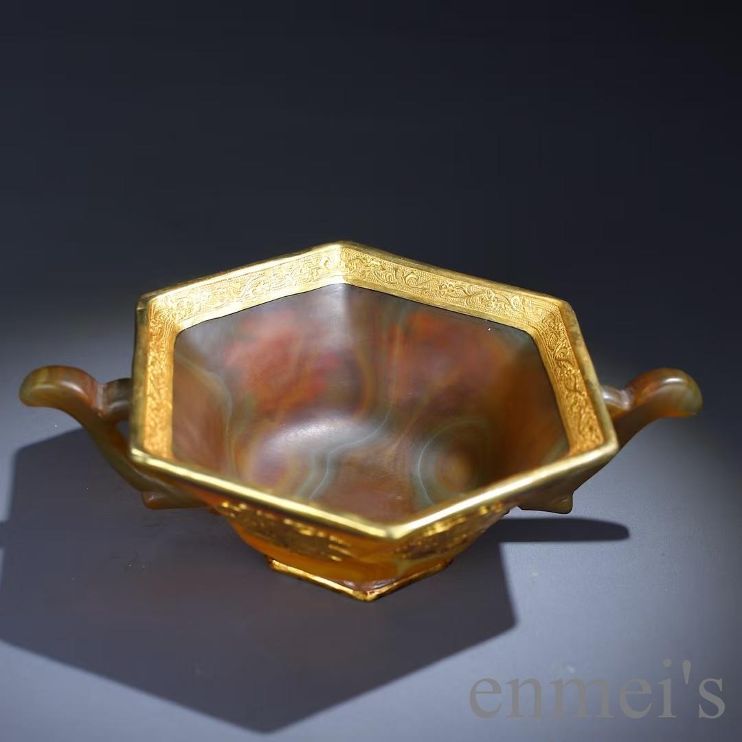 中国古美術 天然瑪瑙嵌 銅製菓子碗 供物器 描金 茶道具 古置物 古賞物 古擺件